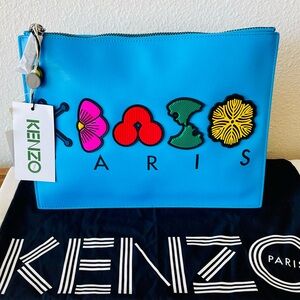 KENZO PARIS Tanami Clutch || Popcorn Zip Pouch Vibrant Turquoise 3D Letters NWT